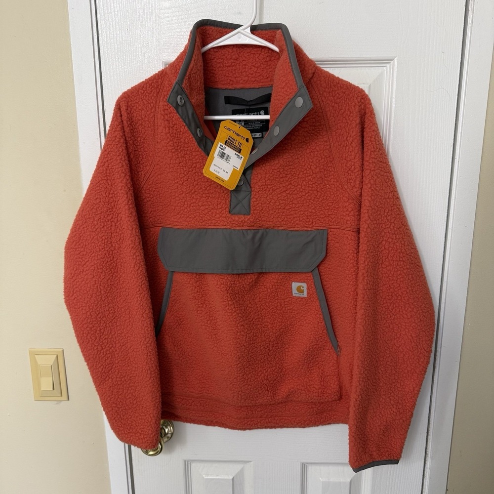 Carhartt Sweater Jacket Womens Medium Orange Sherpa Fleece Pullover 1/4 Snap